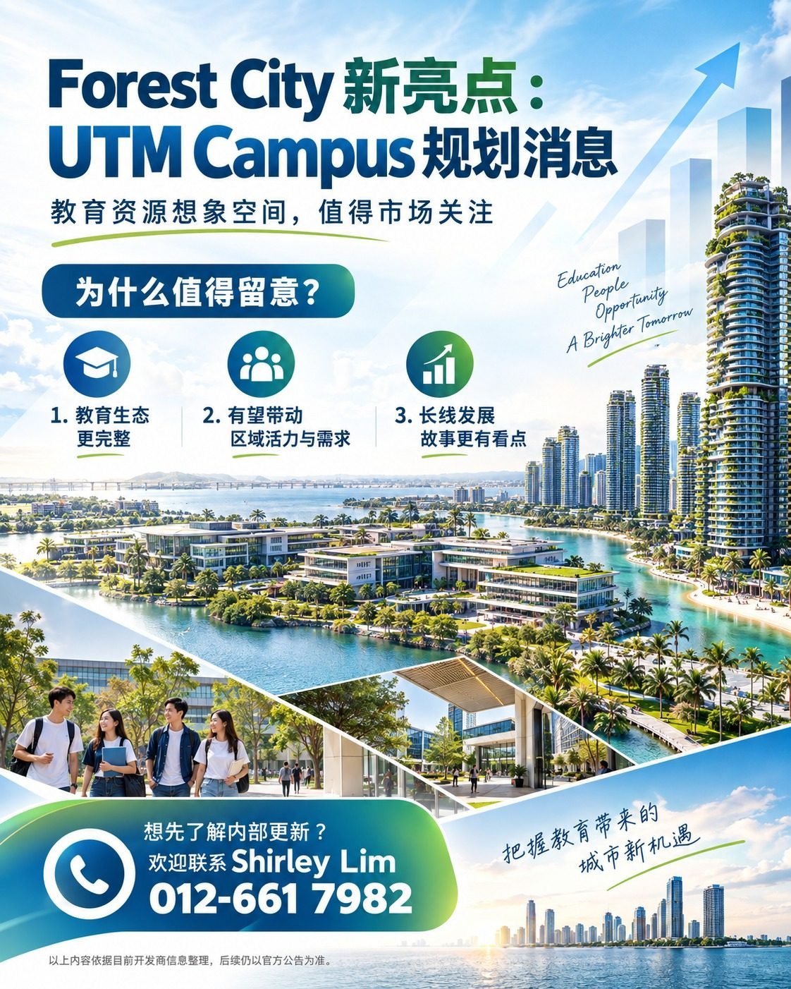 海报：Forest City 新亮点 UTM Campus 规划消息，联系 Shirley Lim 012-661 7982